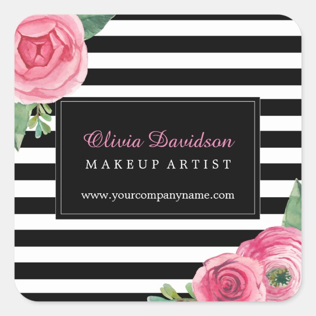 Watercoour Pink Roses and Black Stripes Stickers (Front)