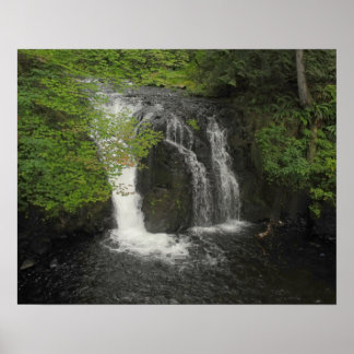 Waterfall and Green Leaves Nature Photo            Poster