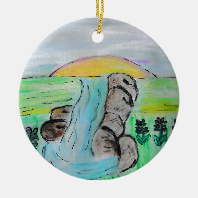 Waterfall and Lavender Flowers  Ceramic Ornament (Front)