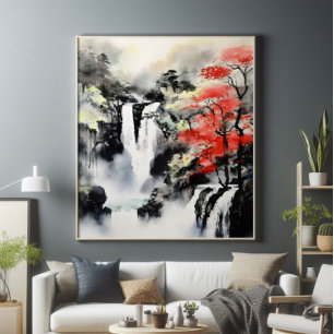 Waterfall and Maple Tree Ink Painting Photo Print