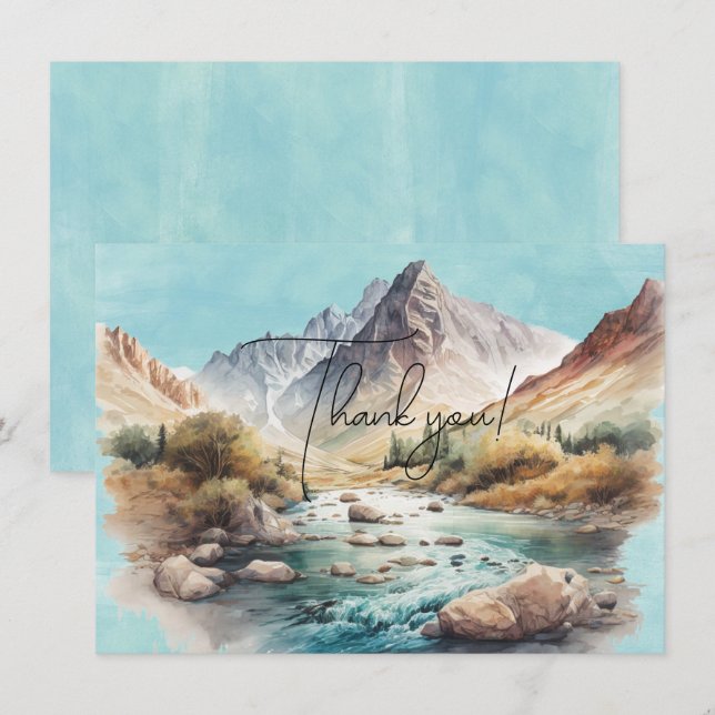 Waterfall and Mountains Watercolor Painting Thank You Card (Front/Back)