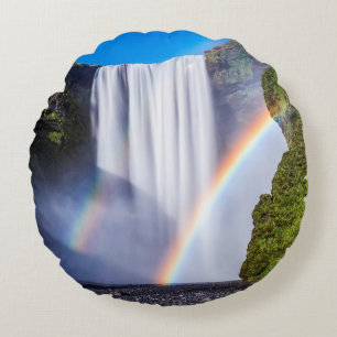 Waterfall and rainbow round pillow
