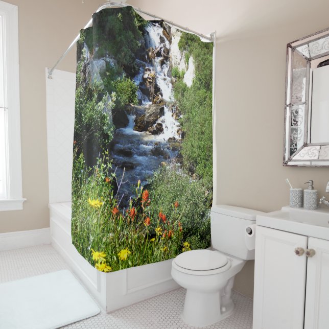 Waterfall and Wildflowers Fine Art Shower Curtain (In Situ)
