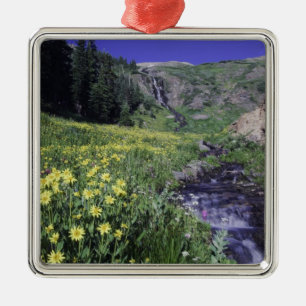 Waterfall and wildflowers in alpine meadow, 2 metal ornament