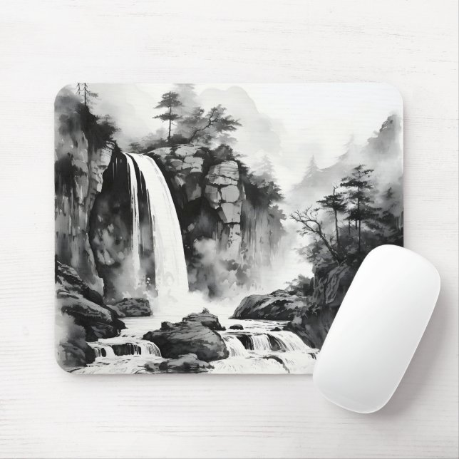 Waterfall Asian Ink Painting Mouse Pad (With Mouse)