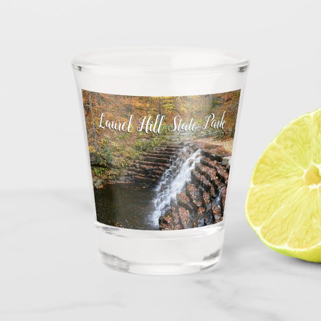 Waterfall at Laurel Hill State Park II Shot Glass (Front)