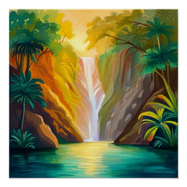 Waterfall at sunset poster (Front)