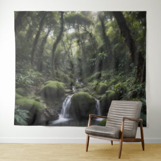 Waterfall in a lush tropical rainforest tapestry