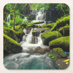Waterfall in Jungle Phu Tub Berk Mountain Square Paper Coaster