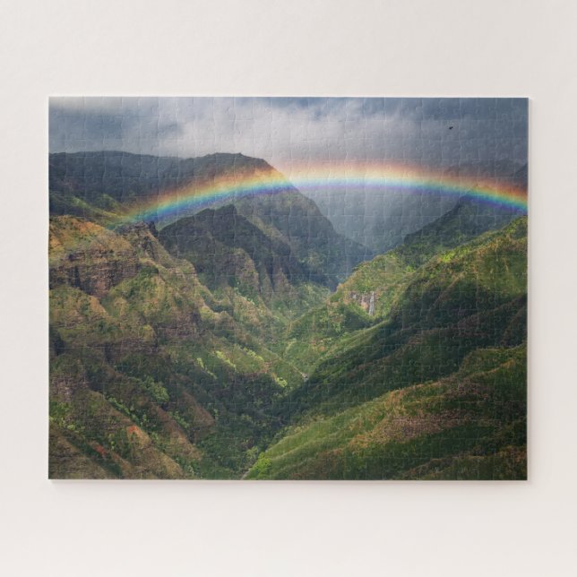 Waterfall in Lush Canyon with Rainbow on Kauai Jigsaw Puzzle (Horizontal)