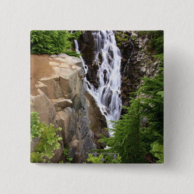 Waterfall in Mount Rainier National Park 2 Inch Square Button (Front)