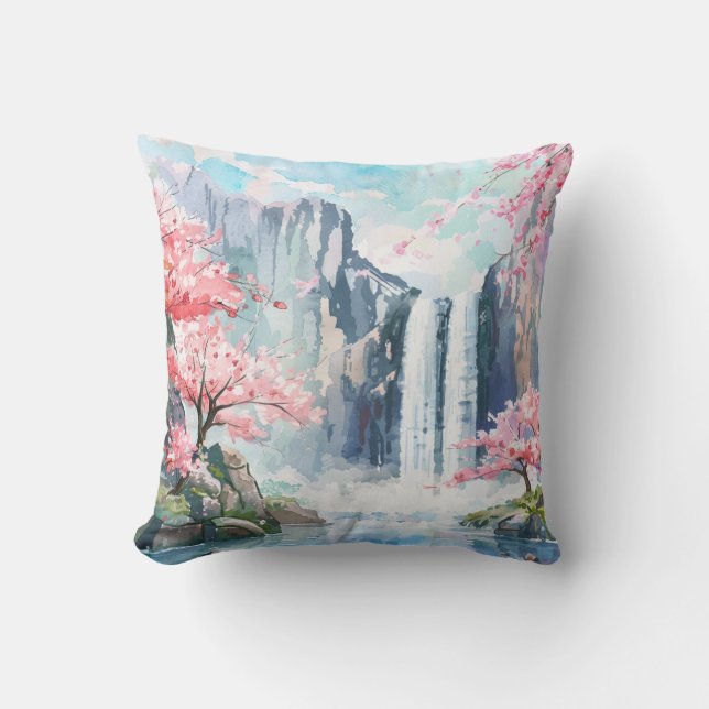Waterfall in Spring Throw Pillow (Front)