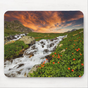Waterfall in the Mountains with Flowers Mouse Pad