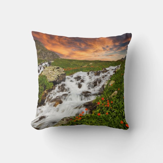 Waterfall in the Mountains with Flowers Throw Pillow (Front)