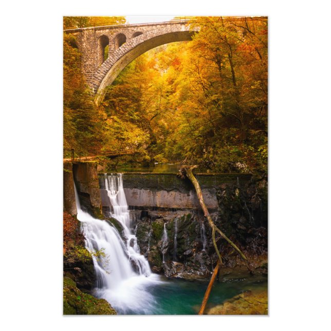 Waterfall in Vintgar Gorge canyon in autumn Photo Print (Front)