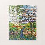 Waterfall Iris Birch Tiffany Stained Glass Vintage Jigsaw Puzzle<br><div class="desc">Vintage Art Nouveau Tiffany Stained Glass Window Puzzle with Gift Box features beautiful forest landscape in springtime of winding Waterfall,  blossoming Iris flowers,  Cherry and Birch Trees and a Lotus Pond. Exquisite art with an oriental sense of good feng-shui.</div>