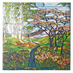 Waterfall Iris Birch Tiffany Stained Glass Vintage Tile<br><div class="desc">Vintage Art Nouveau Tiffany Stained Glass Window Ceramic Tile features beautiful forest landscape in springtime of winding Waterfall,  blossoming Iris flowers,  Cherry and Birch Trees and a Lotus Pond. Exquisite art with an oriental sense of good feng-shui.</div>