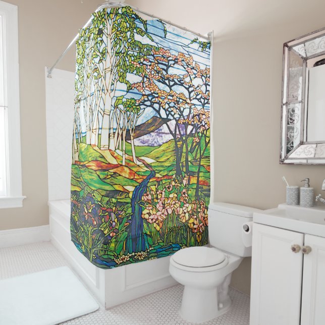 Waterfall Iris Birch Tiffany Stained Glass Window (In Situ)