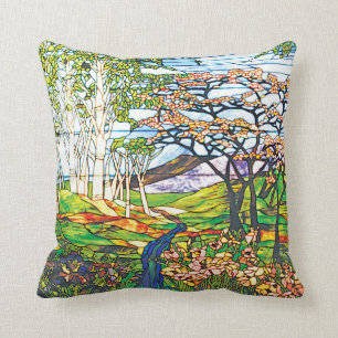 Waterfall Iris Birch Tiffany Stained Glass Window Throw Pillow