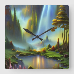 Waterfall Mountain Valley  Square Wall Clock