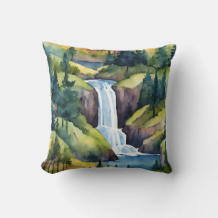 Waterfall Mountains Trees Nature Country Art Throw Pillow