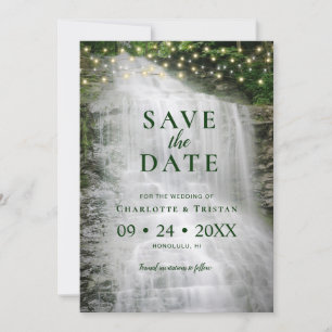 Waterfall String Lights Rustic Forest Wedding  Save The Date