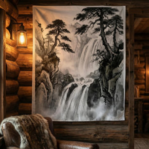 Waterfall Tapestry   Black & White Mountain Art