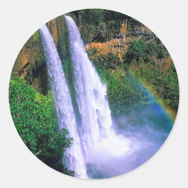 Waterfall Wailua Kauai Hawaii Classic Round Sticker (Front)