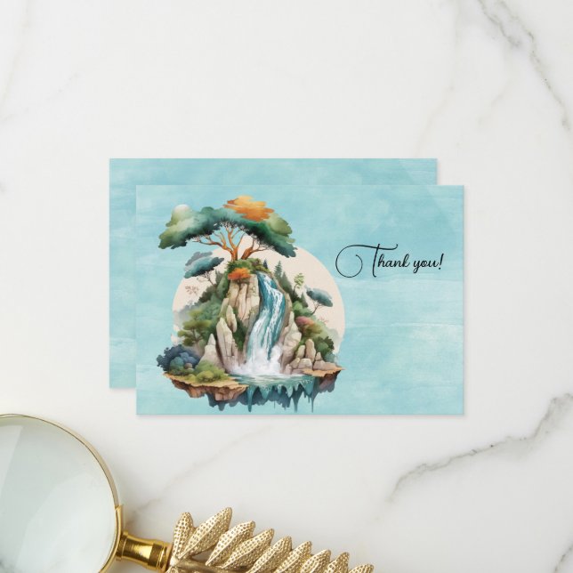 Waterfall Watercolor Painting Thank You Card (Front/Back In Situ)
