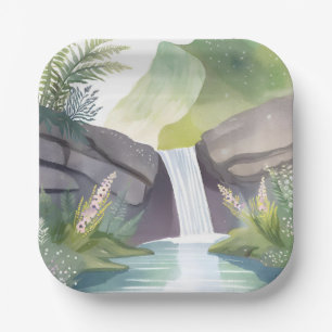 Waterfall Whisper   Nature Watercolor Landscape Paper Plate