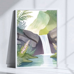 Waterfall Whisper   Nature Watercolor Landscape Poster