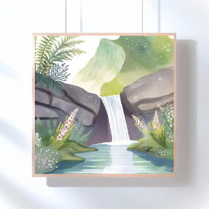 Waterfall Whisper Nature Watercolor Landscape Poster
