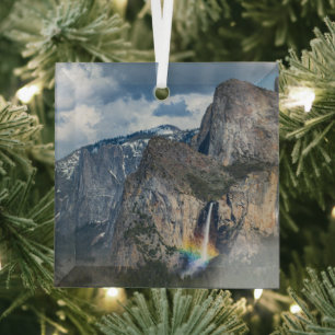 Waterfalls   Bridal Veil Falls Yosemite California Glass Ornament