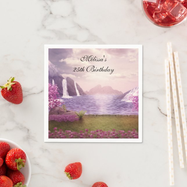 Waterfalls & Cherry Trees around a Lake Birthday Napkin (Insitu)
