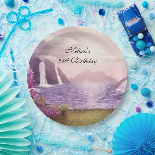 Waterfalls & Cherry Trees around a Lake Birthday Paper Plate (Party)