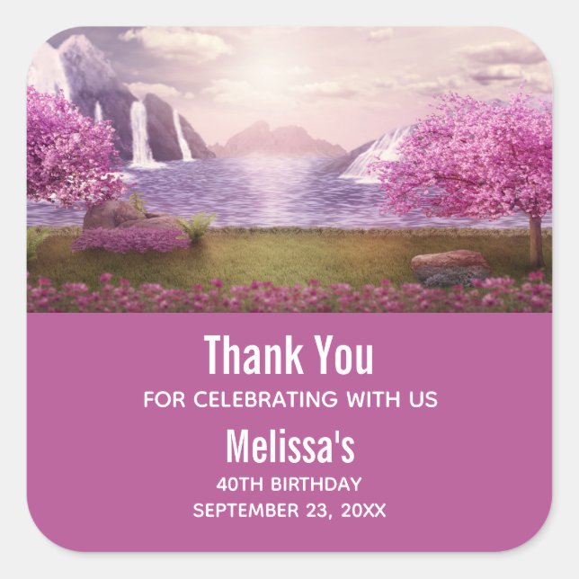 Waterfalls & Cherry Trees around a Lake Birthday Square Sticker (Front)