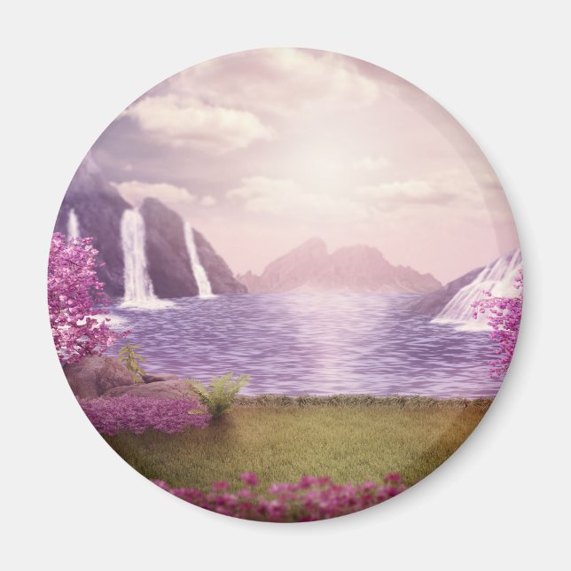 Waterfalls & Cherry Trees around a Lake Magnet (Front)