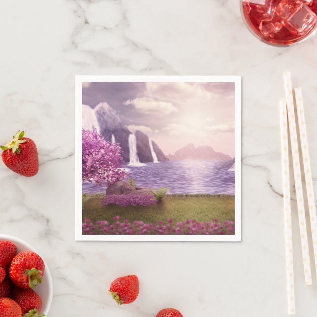  Waterfalls & Cherry Trees around a Lake Napkin (Insitu)