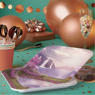 Waterfalls & Cherry Trees around a Lake Paper Plate