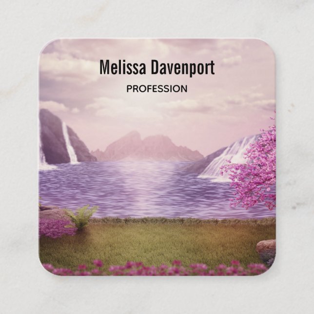 Waterfalls & Cherry Trees around a Lake Square Business Card (Front)