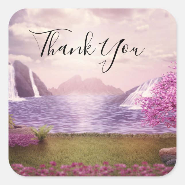 Waterfalls & Cherry Trees around a Lake Thank You Square Sticker (Front)