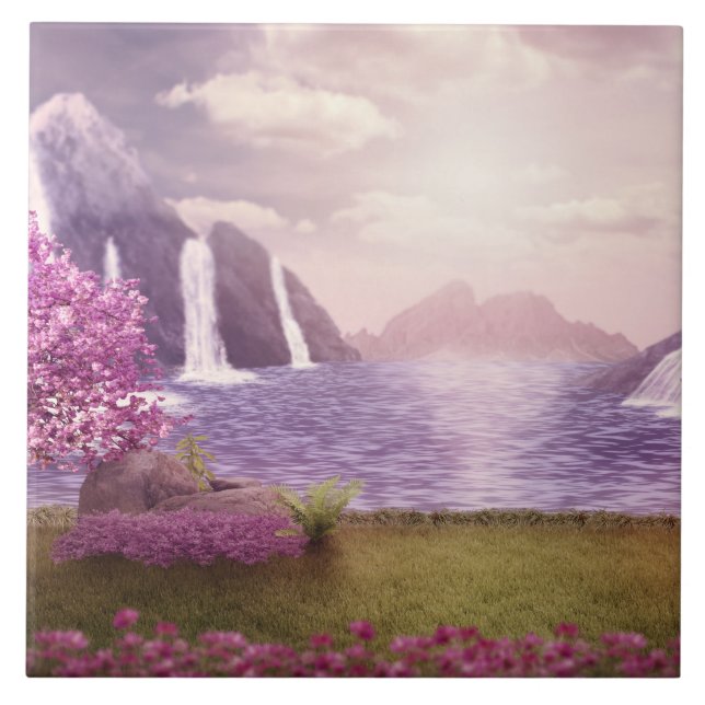 Waterfalls & Cherry Trees around a Lake Tile (Front)