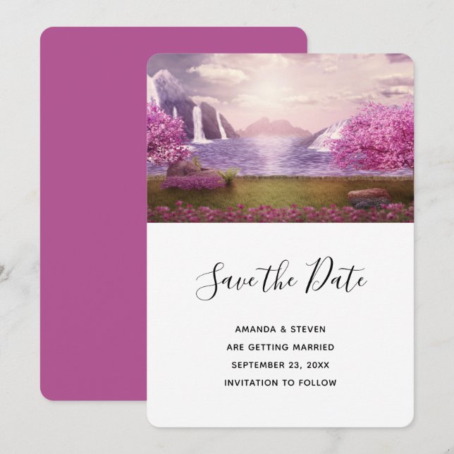 Waterfalls & Cherry Trees around a Lake Wedding Save The Date (Front/Back)