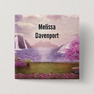 Waterfalls & Cherry Trees by a Lake 2 Inch Square Button