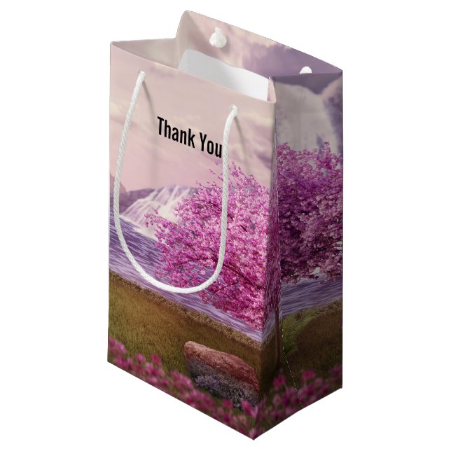 Waterfalls & Cherry Trees by a Lake Thank You Small Gift Bag (Front Angled)