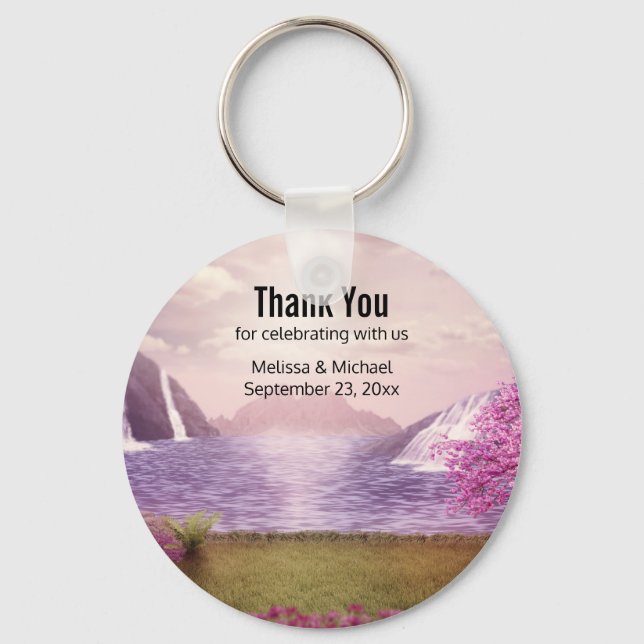 Waterfalls & Cherry Trees by a Lake Wedding Favour Keychain (Front)