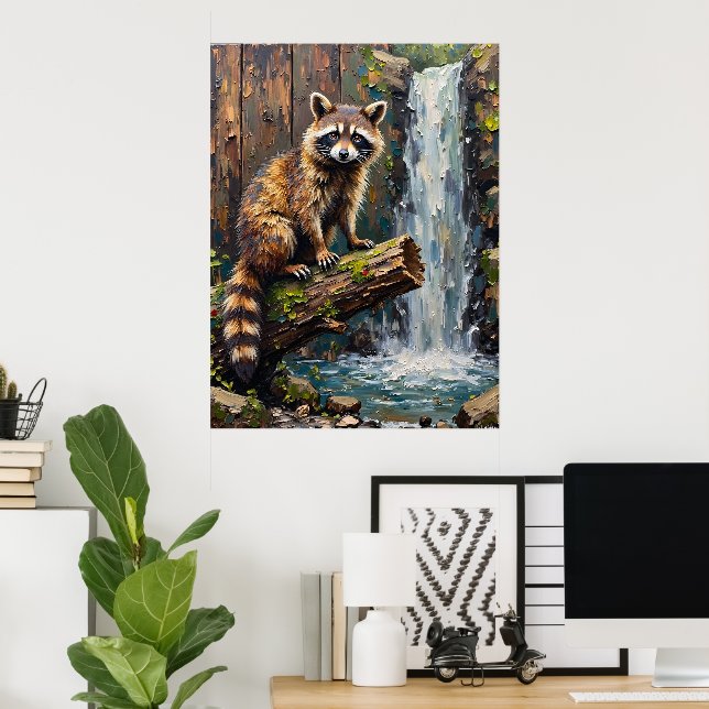Waterfall's Edge: A Raccoon's Stance Poster (Home Office)