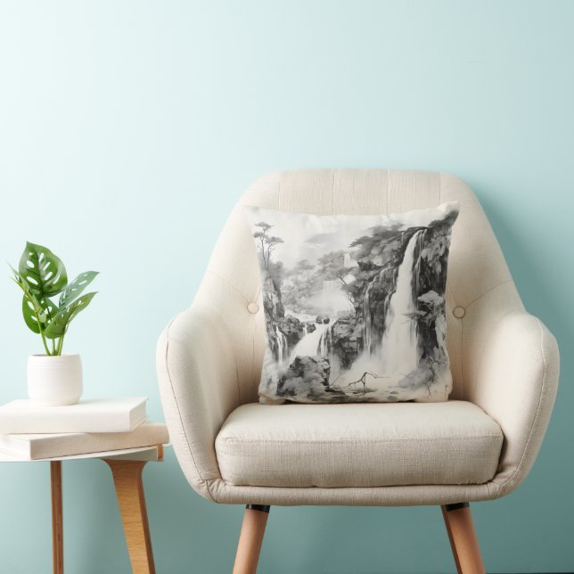 Waterfalls Ink Painting Throw Pillow (Chair)