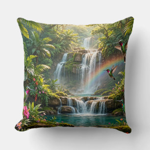 Waterfalls Rainbow Hummingbirds Tropical Hideaway Throw Pillow