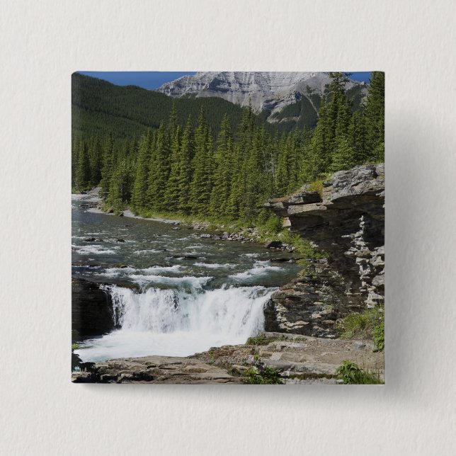 Waterfalls With Rock Ledge And A Mountain 2 Inch Square Button (Front)